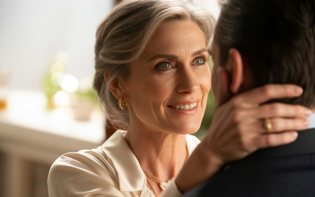 Full closeup to fashion parade mature female model, woman over 50 in intimate romantic moment showing emotional connection and trust in modern dating relationship, elegant casual outfit