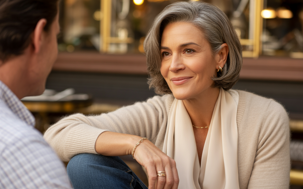 Full closeup to fashion parade mature female model, woman over 50 on comfortable relaxed date showing warmth and developing chemistry in modern dating, elegant casual outfit