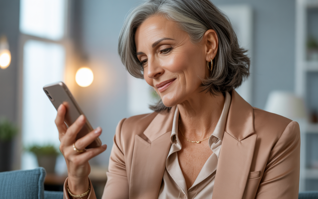 Full closeup to fashion parade mature female model, confident woman over 50 smiling while using dating app on smartphone, casual elegant outfit