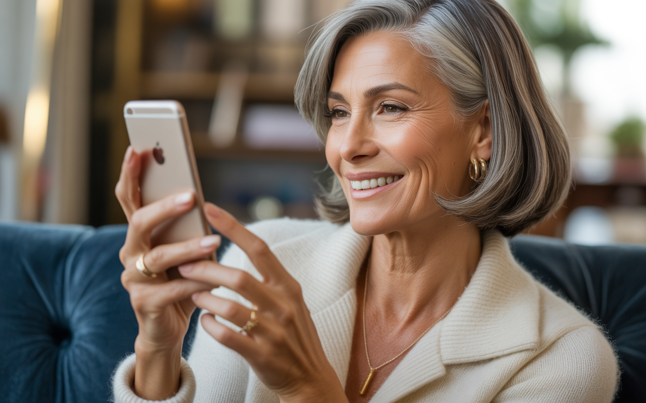 Full closeup to fashion parade mature female model, confident woman over 50 using smartphone for modern dating app, elegant casual outfit