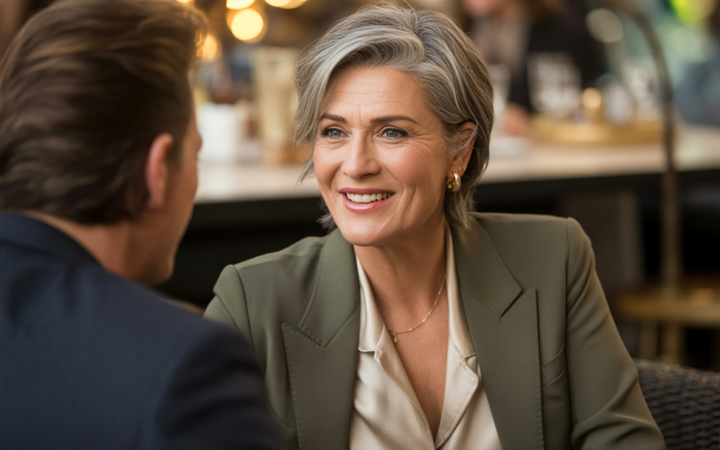 Full closeup to fashion parade mature female model, confident woman over 50 having authentic conversation on date demonstrating clear direct communication in modern dating, casual outfit