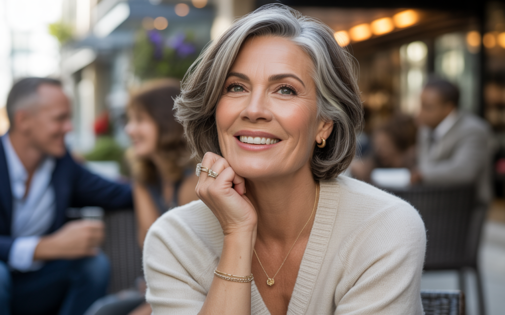 Full closeup to fashion parade mature female model, woman over 50 enjoying social activities and hobbies with active fulfilling social life supporting modern dating, elegant casual outfit