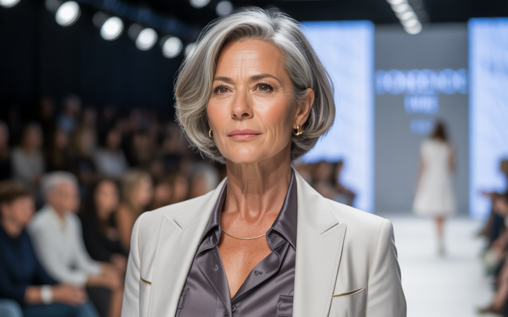 Full closeup to fashion parade mature female model, confident selective woman over 50 maintaining high standards and knowing her worth in modern dating, elegant casual outfit