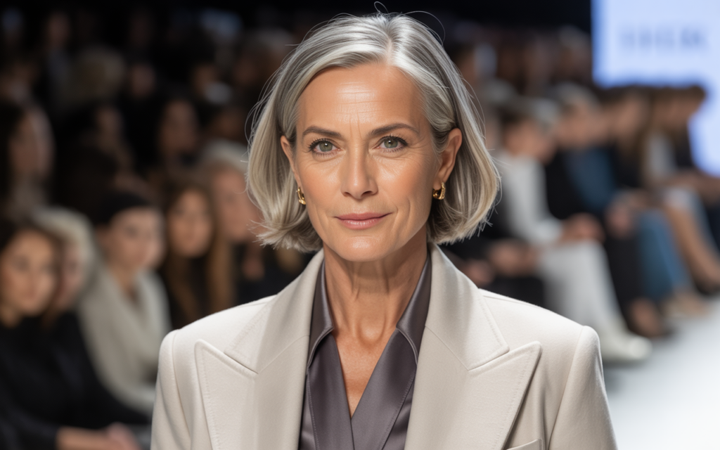 Full closeup to fashion parade mature female model, confident sophisticated woman over 50 with wise expression radiating self-assurance, elegant casual outfit