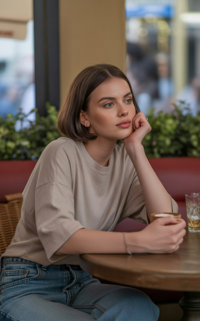 Full closeup of calm young woman with peaceful expression describing stress-relief activities on date, relaxed body language showing emotional intelligence and self-care habits, casual outfit, cozy café setting with natural lighting.