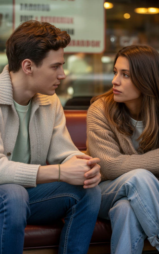 Full closeup of couple having serious conversation in coffee shop, young man and woman in casual outfits discussing relationship conflict with calm attentive body language, warm natural lighting, genuine emotional connection.