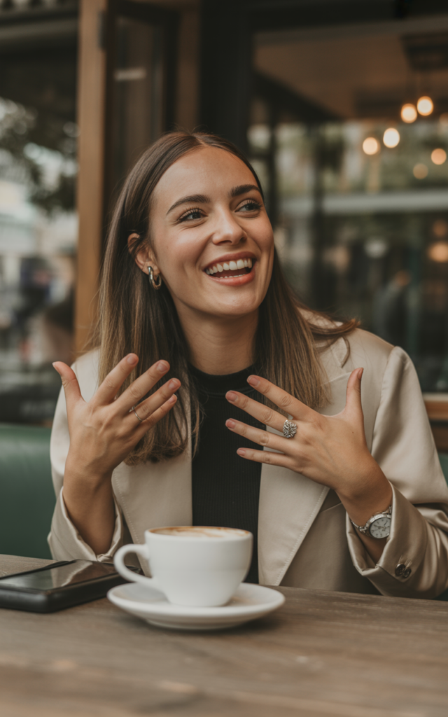 Full closeup of woman on coffee date, eyes sparkling with genuine enthusiasm while animatedly talking about her passion, expressive hand gestures, authentic smile revealing true character, casual chic outfit, warm natural lighting