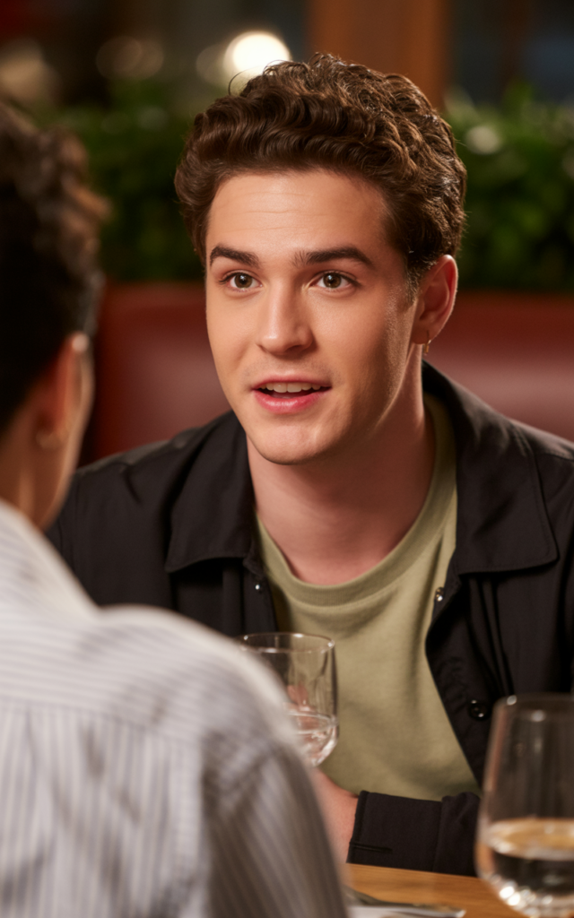 Full closeup of young man with sincere open expression having honest conversation about dating intentions on date, direct eye contact showing transparency and clarity about relationship goals, casual outfit, intimate restaurant setting with soft lighting.