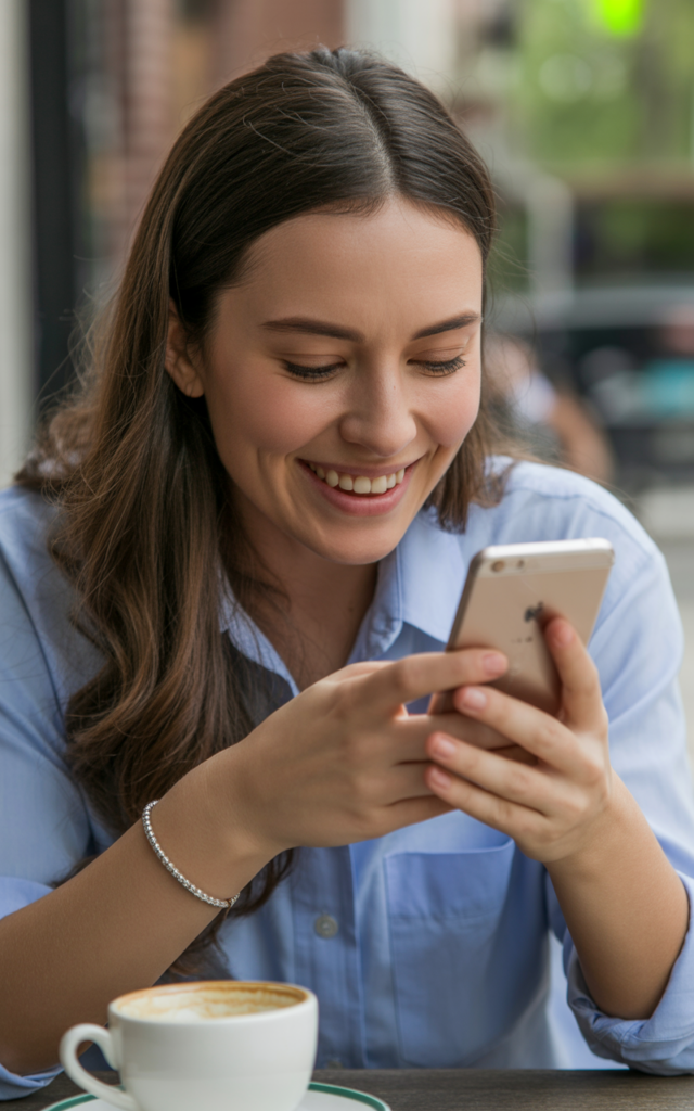 Full closeup of young woman smiling warmly while viewing  photos on phone during coffee date, genuine happy expression revealing close family bonds, casual outfit, soft natural lighting.