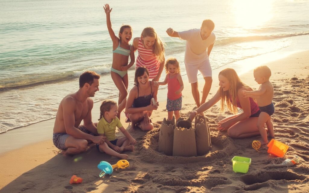 big group of parents and children enjoying holiday