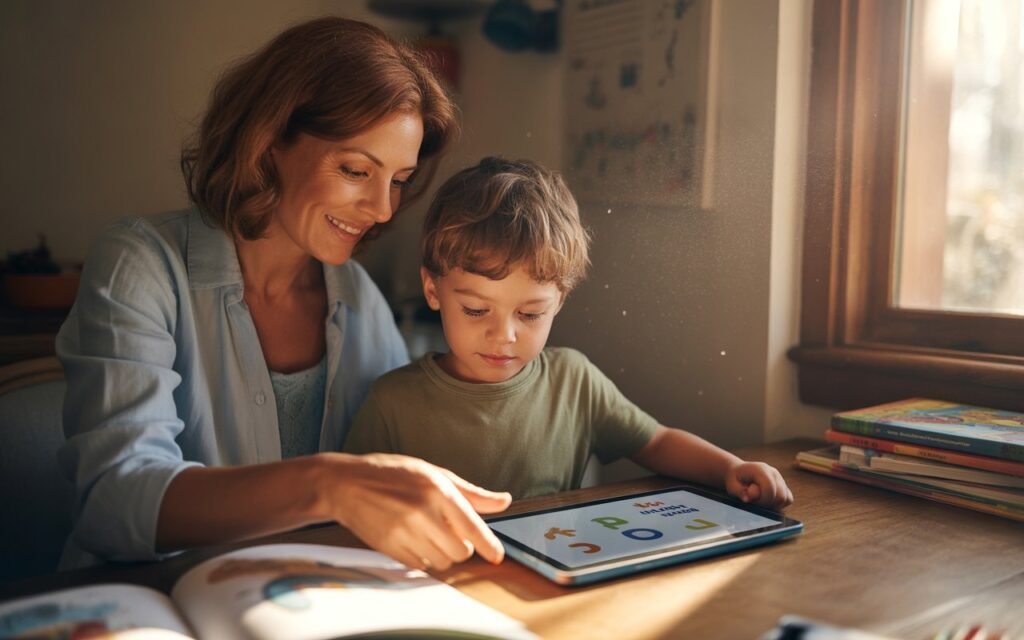 mom doing homeschooling with tablet with kid at home