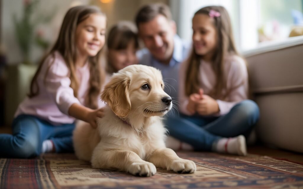 small Calm Dog with family