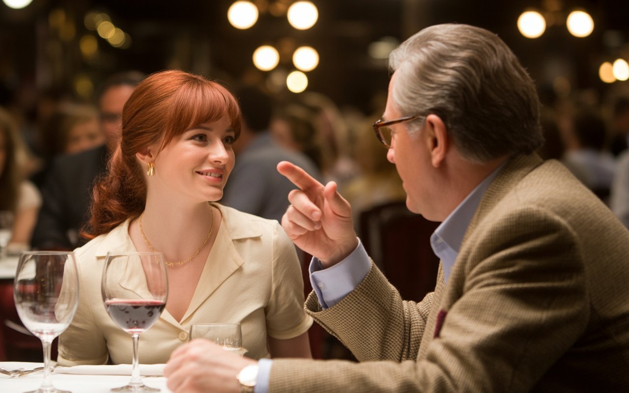 younger woman talking to an older man in a wide table at a restaurant