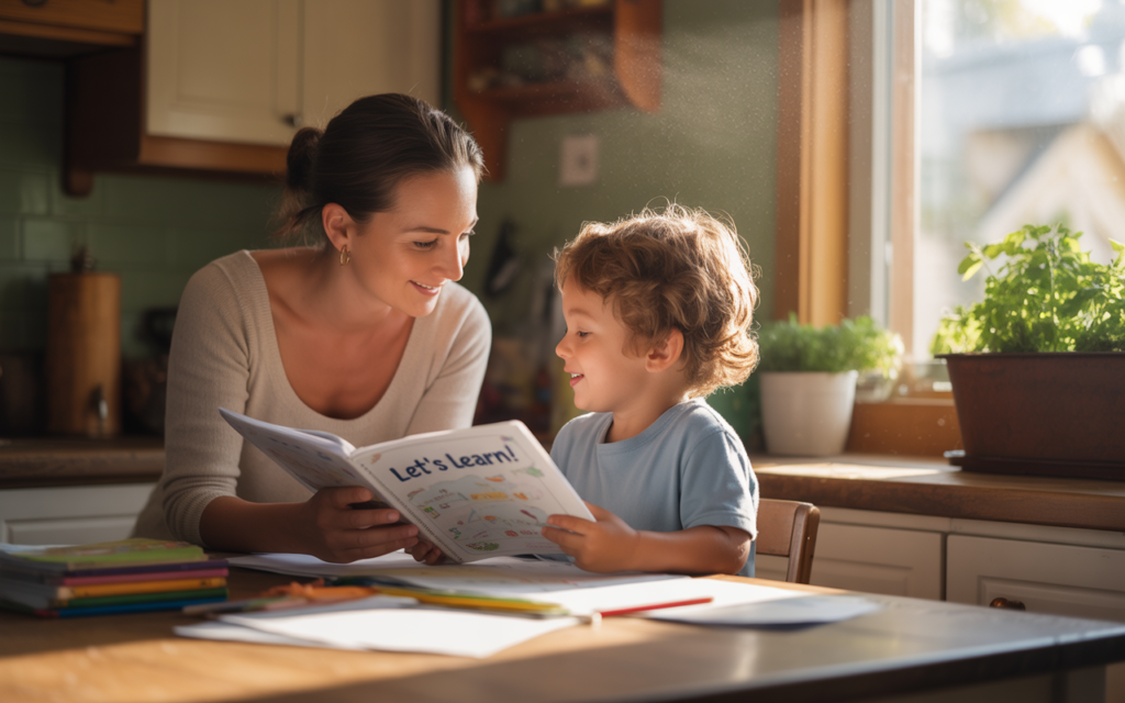 mom doing homeschooling with kid at home