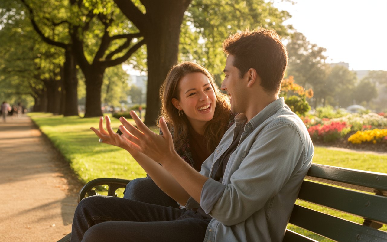 couple talking and enjoying in a park while dating