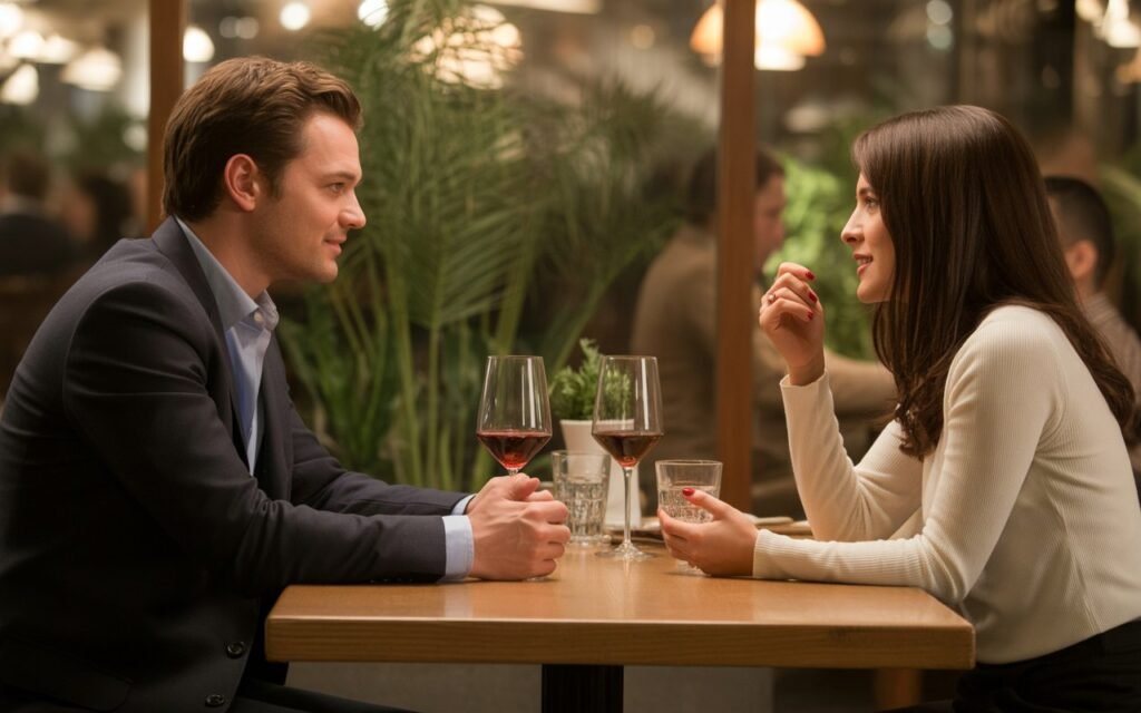 man and woman talking with confidence at a restaurant with distance between each other while dating