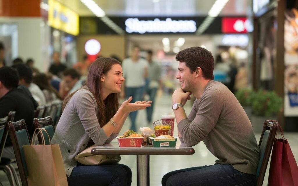 couple talking and enjoying shopping in a clothing store