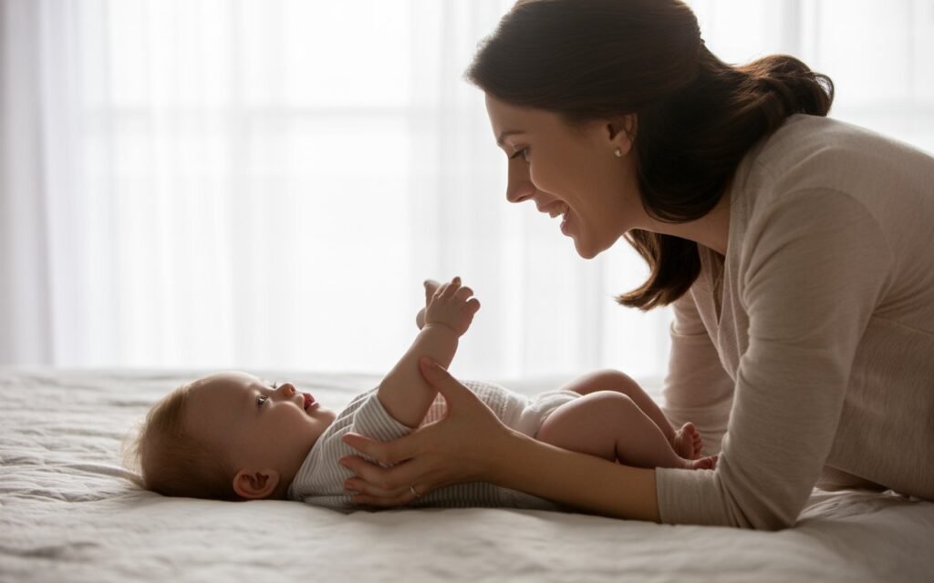 mother waking up a baby
