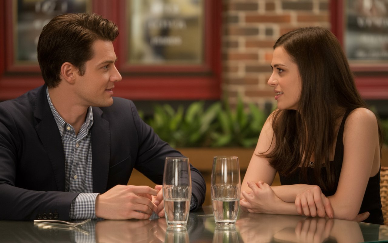 man and woman talking with confidence at a restaurant with distance between each other while dating