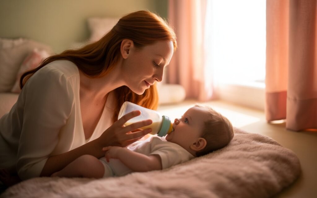 mom feeding baby with milk