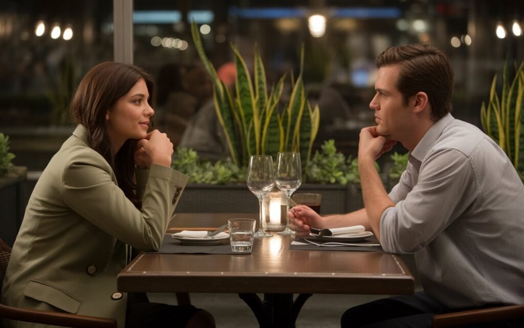 man and woman talking with confidence at a restaurant with distance between each other while dating