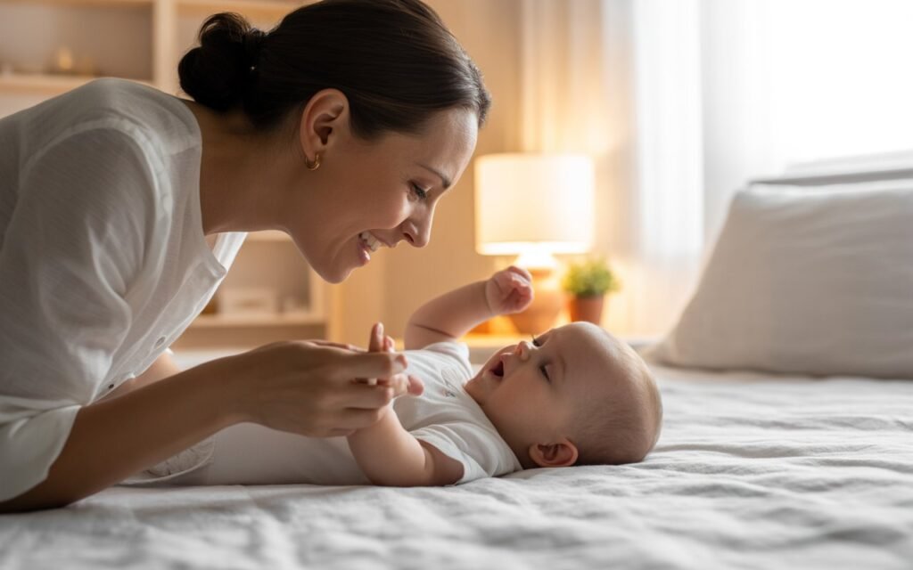 mother waking up a baby