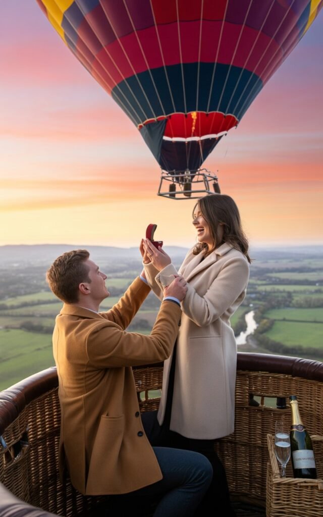 A man down on one knee inside a hot air balloon basket proposing to a woman