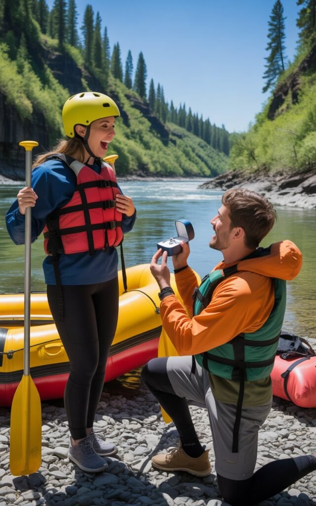 A man down on one knee on a rocky riverbank proposing to a woman after a whitewater rafting trip, both still wearing their rafting gear