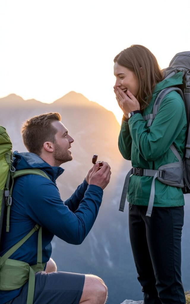 A man down on one knee proposing to a woman at a mountain summit during a breathtaking sunrise