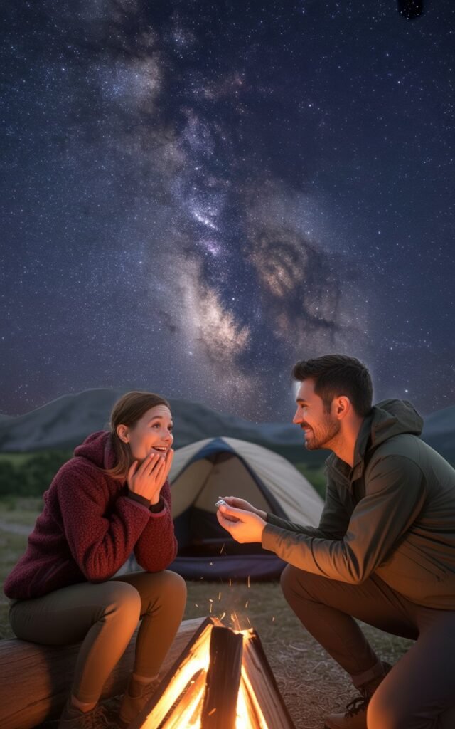 A man down on one knee proposing to a woman beside a glowing campfire at a remote mountaintop campsite