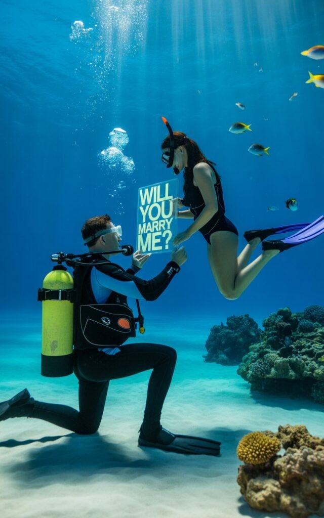 A man proposing to a woman in a black and yellow scuba diving wetsuit holding up a waterproof underwater sign that reads "Will You Marry Me