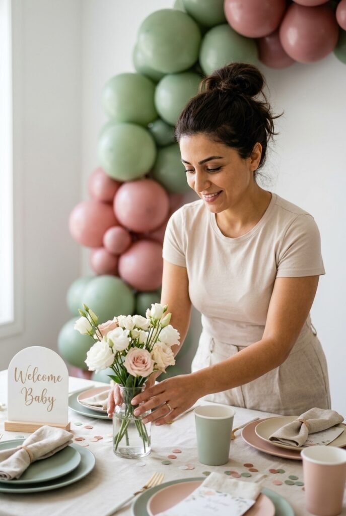 Azerbaijani woman arranging fresh flowers on a cohesive baby shower table decorated with matching pastel tableware, balloons, and linens.