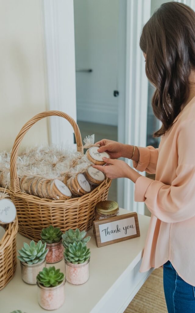 Baby shower favor table near exit with miniature succulents