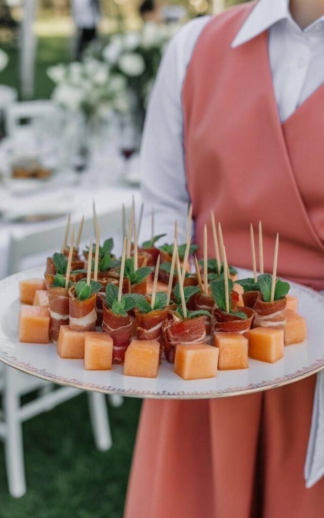 Cantaloupe cubes wrapped in thin prosciutto slices secured with toothpicks arranged on an elegant white platter