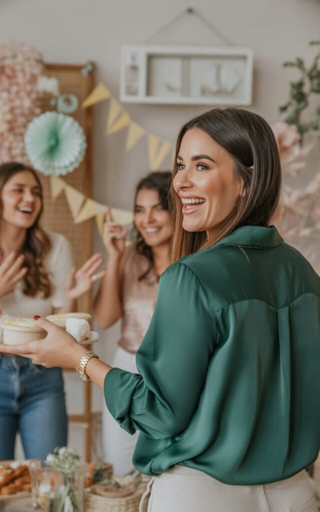 Confident woman host smiling at successful baby shower party