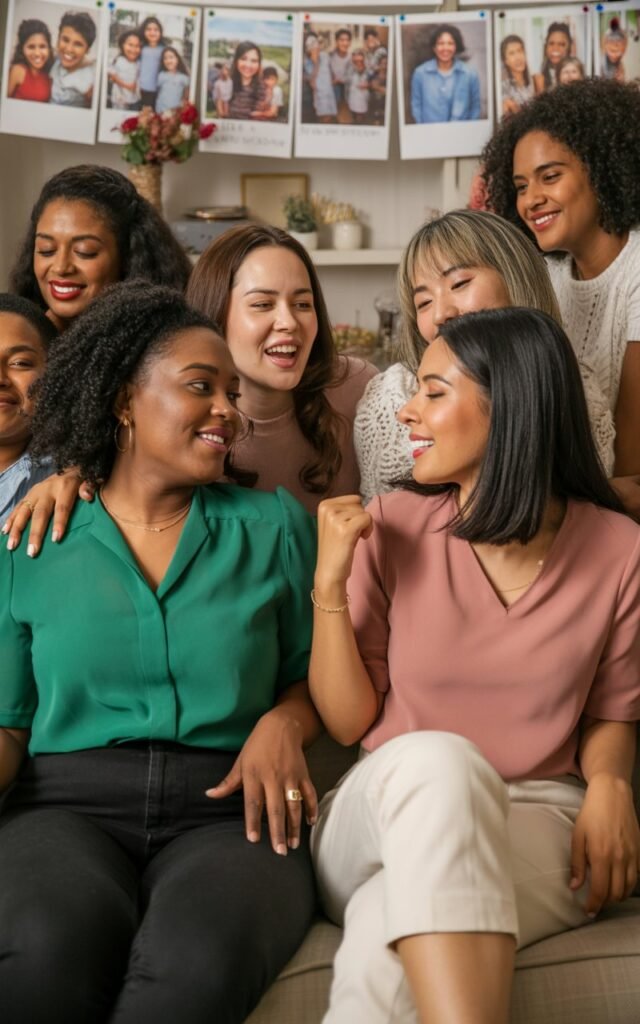 Diverse group of women from different ages and backgrounds mingling at a birthday party