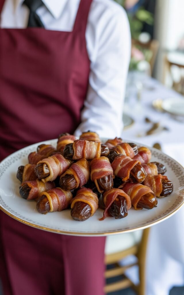 Golden crispy bacon wrapped dates arranged on an elegant serving platter