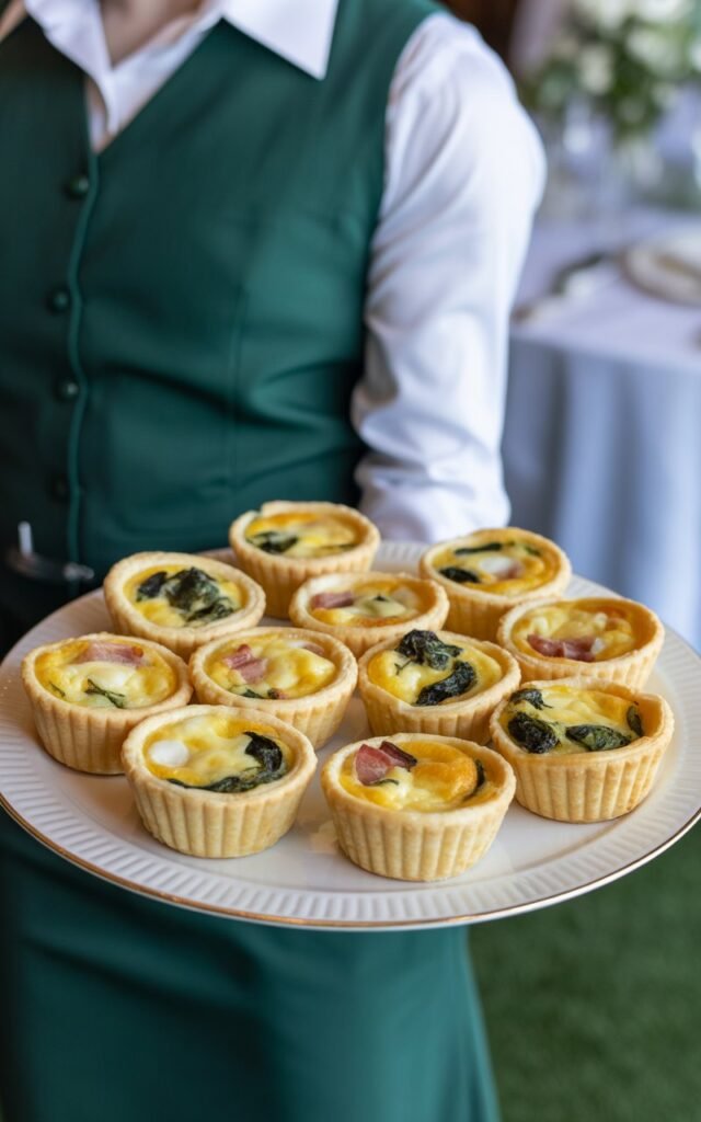 Golden mini quiches with flaky pastry filled with eggs and cheese