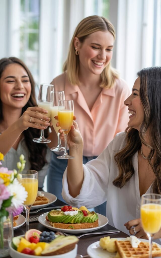 Group of women friends at a beautifully decorated brunch table with mimosas and fresh flowers