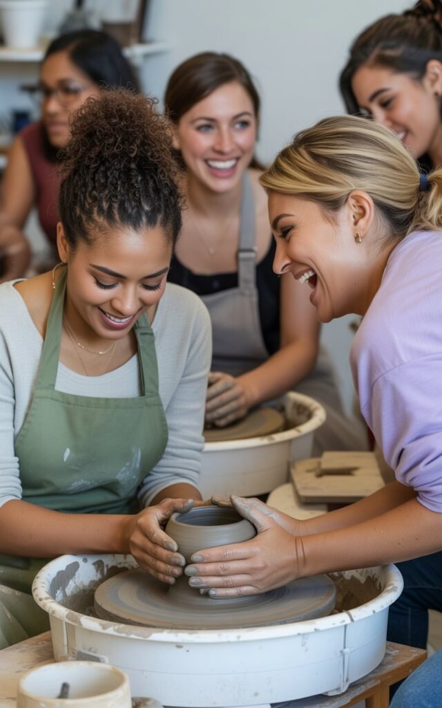 Group of women friends at a pottery class working with clay at pottery wheels