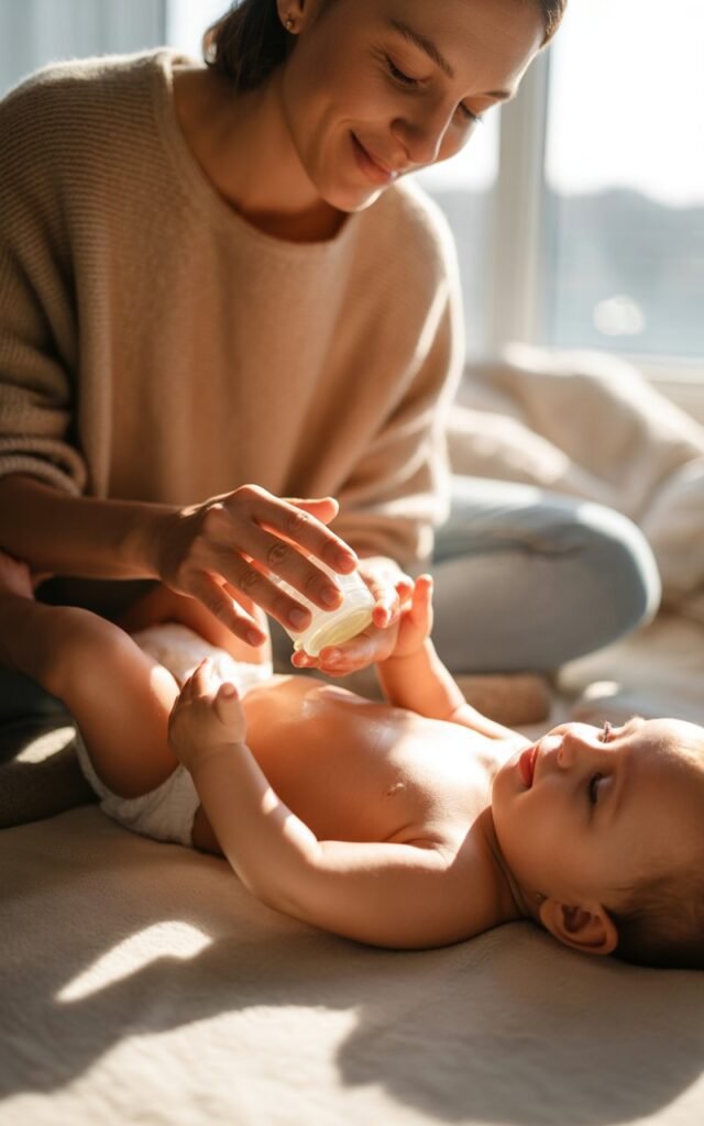 Mother applying natural coconut oil massage to baby with glowing healthy radiant skin