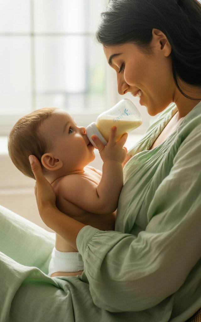 Mother hydrating baby with glowing healthy radiant skin