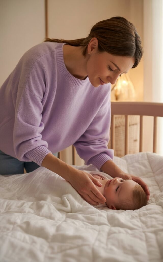 Mother putting baby to sleep in calm comfortable bedroom with soft cotton bedding
