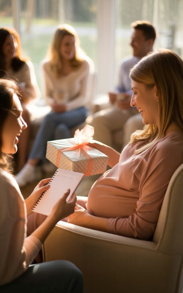 Pregnant woman sitting in comfortable chair opening baby shower gift