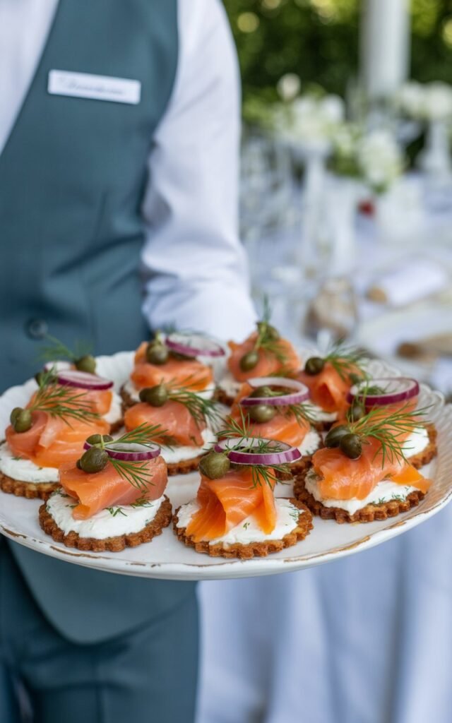 Smoked salmon canapés on crispy crackers with cream cheese