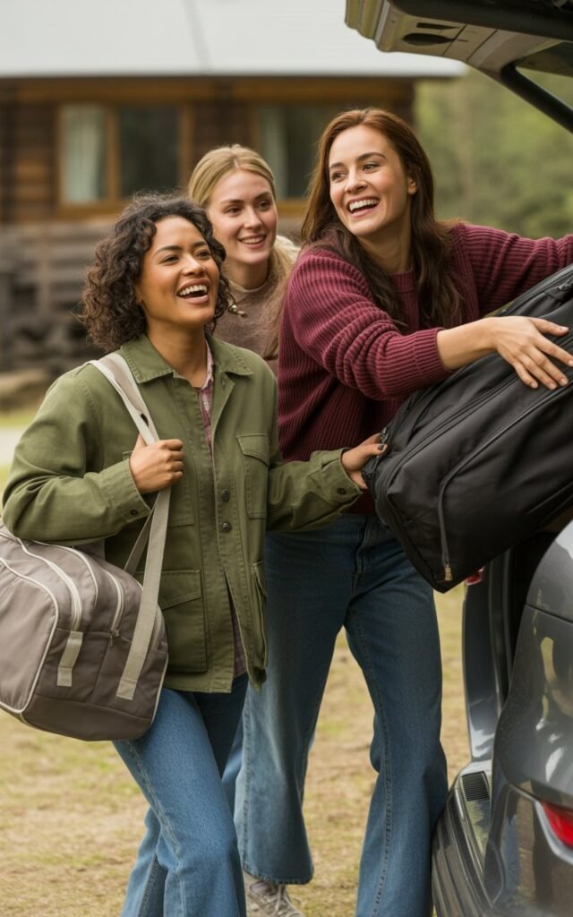 Three women friends arriving at a cozy cabin for a surprise weekend getaway