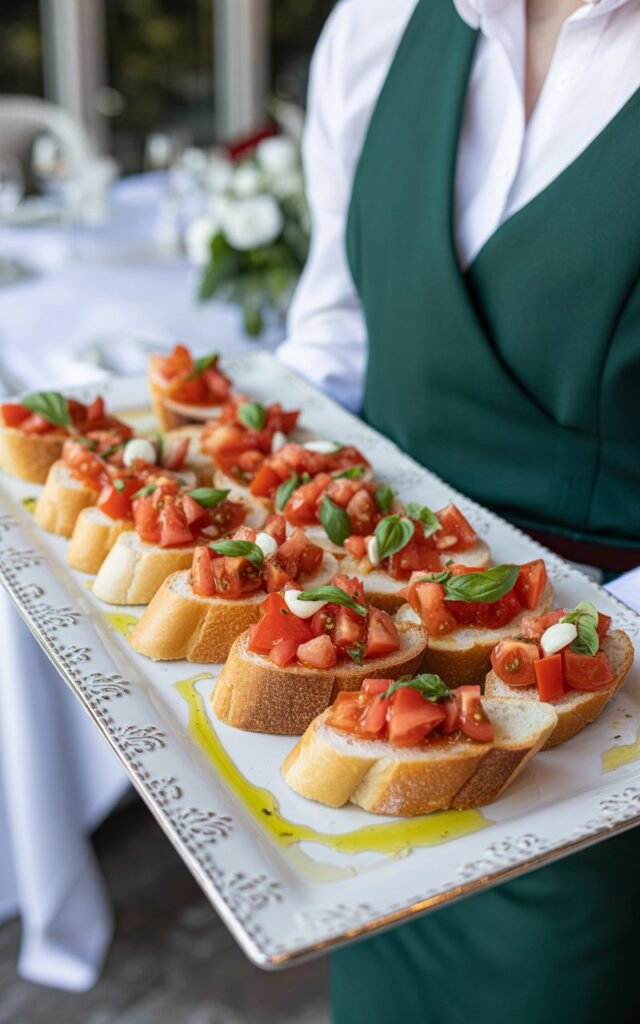 Toasted baguette slices topped with fresh diced tomatoes