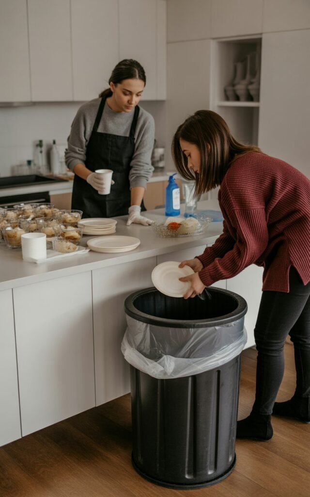 Woman and helper clearing baby shower food table with disposable plates and cups