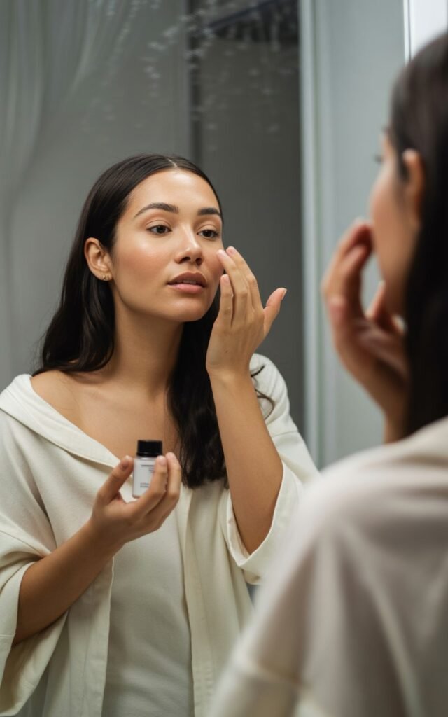 Woman applying natural skincare or looking in mirror while getting ready