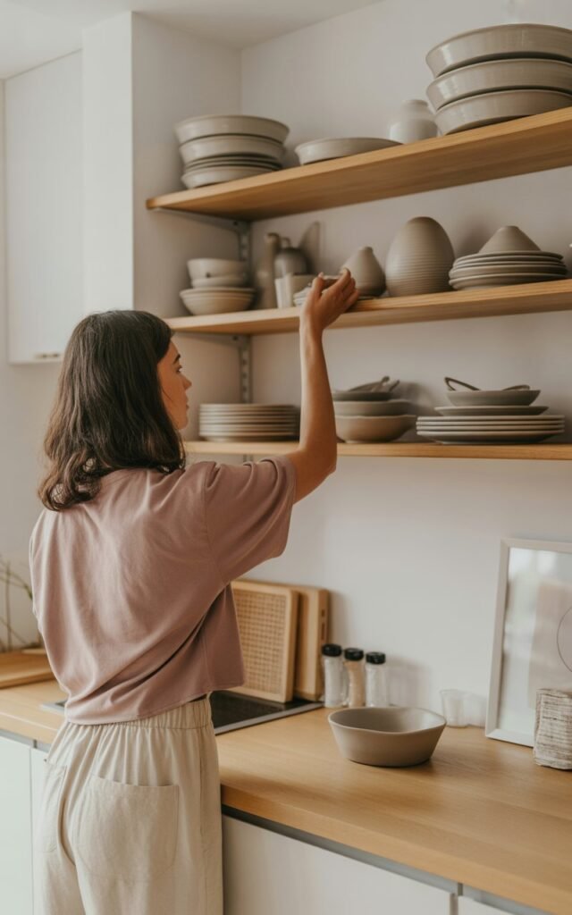 Woman arranging handmade ceramic bowls and stoneware plates in neutral tones on open wooden shelves in a Scandinavian kitchen